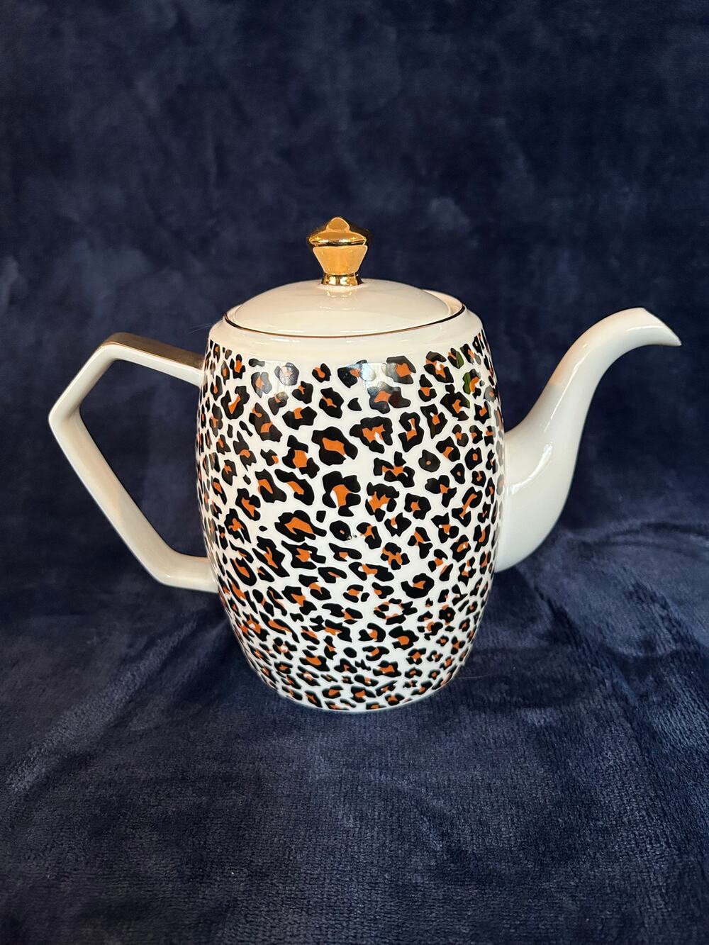 Luxe Living Leopard Print Porcelain Teapot With Gold Color Handle & Knob
